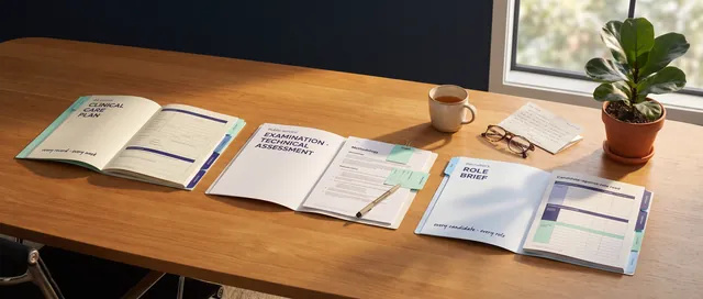 Three regulated-industry artefacts laid in sequence on a warm-timber boardroom table at late afternoon, a clinical care plan booklet on the left with mint and indigo tabs and a margin note reading every record every week, an examiner's docket in the centre labelled examination technical assessment with a methodology page open inside, and a recruiter's role brief on the right tabbed in sky with a candidate-against-role read panel and a margin note reading every candidate every role, a fine-liner pen across the centre artefact, fiddle-leaf fig nearby, warm afternoon light from the right.