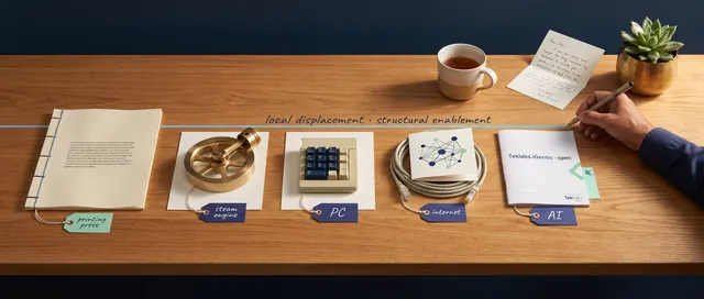 Five small artefacts laid in sequence along an ultrawide warm-timber bench representing the inversion arc, a folded sheet from an early printed book, a small brass steam-engine flywheel and piston, a vintage personal-computer keyboard fragment, a router cable with a stylised network-graph card, and a printed Teklabs.iGentic spec booklet (the booklet cover carrying a small Teklabs wordmark in its bottom-right footer; the four historical artefacts are unbranded), connected along the top by a thin sky-blue line running the full bench width with a handwritten label reading local displacement structural enablement, an engineer's wrist mid-annotation drawing the line, succulent in a brass pot, warm afternoon light from the right.