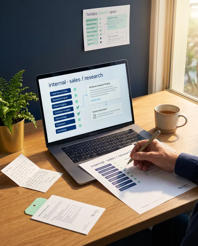 A laptop on a warm-timber desk showing a fragment of the firm's internal sales-and-research workflow running on Teklabs.iGentic, a column of running agent-steps with mint progress dots on the left and a surfaced research finding with a sky citation link on the right, a printed copy of the workflow beside (with a small Teklabs wordmark in its bottom-right footer) and an engineer's wrist mid-annotation drawing a tick, a small printed reference document with a mint paper tag and a small Teklabs wordmark on its footer, a small fern in a brass pot, a Teklabs.iGentic spec page softly out of focus on the deep-navy wall behind, warm afternoon light from the right.