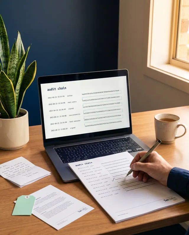 A laptop on a warm-timber desk showing a monospace audit-chain ledger view, a column of signed audit entries with timestamps and signature hashes connected by thin sky-blue hash links, a printed copy of the ledger beside (with a small Teklabs wordmark in its bottom-right footer) with an engineer's wrist mid-annotation drawing a tick, a small printed reference document with a mint paper tag and a Teklabs wordmark on its footer, snake plant beside, warm afternoon light from the right.