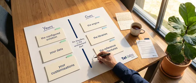 A printed two-column IP boundary diagram on a warm-timber boardroom table with a small Teklabs wordmark in its bottom-right footer, the left column headed Yours containing three cream-paper cards labelled the configured solution, your data, your customisations with mint tags, the right column headed Ours containing three cards labelled the engine, the libraries, the reference architectures with sky tags, a thick navy vertical rule between them with a handwritten note reading the boundary is the architectural fact, an engineer's wrist mid-annotation ringing the boundary, a printed engagement-contract excerpt with a navy paper tag and a small Teklabs wordmark on its footer, fiddle-leaf fig in a terracotta pot, warm afternoon light from the right.