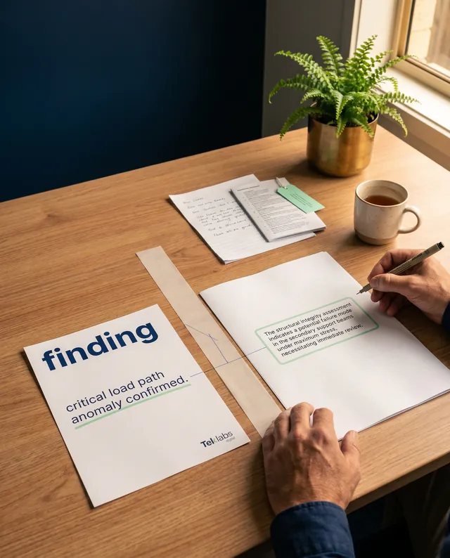 Two printed artefacts on a warm-timber desk at late afternoon, a printed output card on the left with a short clause highlighted by a mint underline and a small Teklabs wordmark in its bottom-right footer, and an unbranded open clinical document on the right with a short paragraph framed by a soft mint outline, a thin sky-blue ink line drawn on a strip of vellum across the desk traces from the highlighted clause to the framed paragraph, an engineer's wrist mid-annotation, a small fern in a brass pot, warm afternoon light from the right.