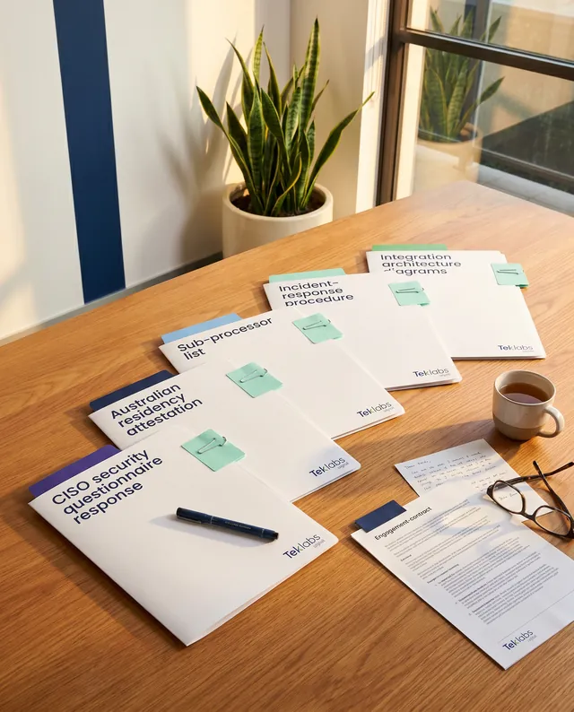 Five paper-white folders fanned out on a warm-timber boardroom table at late afternoon, each labelled and tabbed in a different brand-palette colour, CISO security questionnaire response, Australian residency attestation, sub-processor list, incident-response procedure, integration architecture diagrams, each cover carrying a small Teklabs wordmark in the bottom-right footer, with mint paper tags clipped to sections, a fine-liner pen across the top folder, a mug of tea and reading glasses beside, a printed engagement-contract excerpt with a navy paper tag and a small Teklabs wordmark in its footer, snake plant nearby, warm afternoon light from the right.