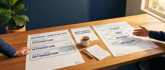 An ultrawide view of a long warm-timber bench at late afternoon, two printed A3 paper-white artefacts laid side by side, a COO operations brief on the left titled operations what to do next with three large block headings each paired with a mint priority pictogram, and a CIO architecture card on the right with four large labelled architectural layers reading citation, audit, residency, and isolation, a smaller printed page between them labelled same system two surfaces, all three artefacts carrying a small Teklabs wordmark in their bottom-right footers, an operations executive's hand on the brief and a CIO's hand mid-gesture toward the architecture card, fiddle-leaf fig in a terracotta pot pulled into the wider field, deep-navy feature wall behind, warm afternoon light from the right.