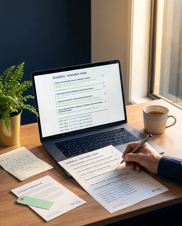 A laptop on a warm-timber desk showing a Teklabs.Analytics execution trace, a column of agent-step entries reading across a labelled document corpus with mint surfaced findings and sky citation icons attached to each, the audit-chain section visible at the foot of the trace with monospace signed entries linked by sky hash links, a printed copy of the trace beside (with a small Teklabs wordmark in its bottom-right footer) and an engineer's wrist mid-annotation drawing a tick, a small printed corpus-reference document with a mint paper tag and a small Teklabs wordmark on its footer, fern in a brass pot, warm afternoon light from the right.
