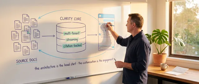 A senior engineer in a navy shirt mid-annotation at a studio whiteboard with a hand-drawn Clarity Core architecture sketch in indigo and mint, source documents on the left, a central cylinder labelled Clarity Core with three small marks reading multi-tenant, streaming, and citation-backed along its body, a conversational interface on the right with sky-blue arrows tracing answers back to the source documents, a handwritten line beneath reading the architecture is the head start the customisation is the engagement, monstera in a terracotta pot beside, warm afternoon light from the right.