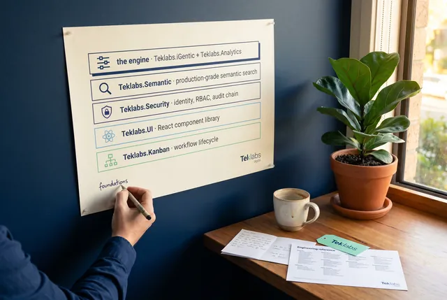 A printed library-stack diagram pinned to a deep-navy wall with a small Teklabs wordmark in its bottom-right footer, four foundational library layers stacked vertically, Teklabs.Kanban, Teklabs.UI, Teklabs.Security, Teklabs.Semantic, and a final wider layer labelled the engine Teklabs.iGentic plus Teklabs.Analytics across the top, a handwritten label reading foundations to the right, an engineer's wrist mid-annotation drawing the label, a small printed engineering reference with a mint paper tag and a small Teklabs wordmark on its footer, fiddle-leaf fig in a terracotta pot, warm afternoon light from the right.