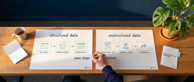 Two paper-white architectural cards laid side-by-side on an ultrawide warm-timber bench, the left headed structured data showing SQL query, database engine, and structured rows, the right headed unstructured data showing Teklabs.iGentic spec, Analytics engine, and cited findings, both cards carrying a small Teklabs wordmark in their bottom-right footers, joined by a handwritten label across the top reading same shape new substrate, an engineer's wrist mid-annotation drawing the joining label, a printed Teklabs.iGentic-spec booklet with a mint paper tag and a small Teklabs wordmark on its cover footer, a monstera in a terracotta pot pulled into the wider field, deep-navy wall stretching the full width behind, warm afternoon light from the right.