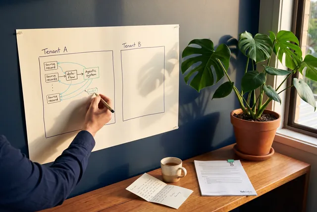 A hand-drawn tenant-isolated data-flow diagram pinned to a deep-navy wall, two tenant boundaries clearly separated with sky-blue citation arrows tracing outputs back to source records, an engineer's wrist mid-annotation tagging one arrow audit, a monstera in a terracotta pot beside the warm-timber bench, a small printed reference document with a mint tag and a small Teklabs wordmark in its bottom-right footer resting on the bench, warm afternoon light from the right.