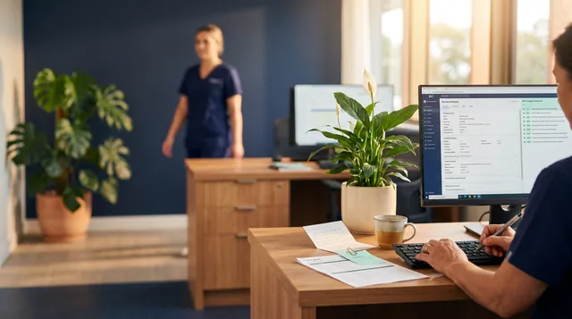 A senior clinician's hands at an aged-care workstation at late afternoon, an aged-care resident record open on the primary monitor and a mint-flagged incongruency surface alongside, a peace lily on the timber bench, a half-drunk mug of tea and a printed care plan beside the keyboard, warm afternoon light from the right.