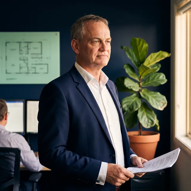 Portrait of Trevor Attema, Executive Director, in a navy blazer in a working engineering studio, late afternoon light from the right.