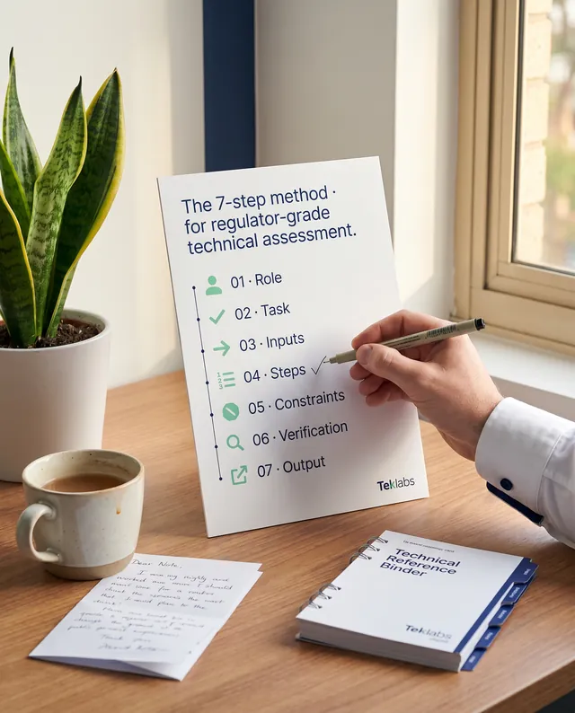 A printed methodology card on a warm-timber desk titled The 7-step method for regulator-grade technical assessment, seven numbered steps laid out vertically, Role, Task, Inputs, Steps, Constraints, Verification, Output, each in large indigo display type with a small mint pictogram beside it and a thin indigo connecting line down the left margin, a small Teklabs wordmark in the card's bottom-right footer, an examiner's hand mid-annotation drawing a tick beside step 04 (Steps), a printed reference binder beside with indigo tabs and a small Teklabs wordmark on its cover footer, snake plant beside, warm afternoon light from the right.