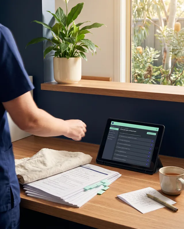An anonymous aged-care floor staff station at late morning, a stack of tabbed care-plan documents on the warm-timber bench beside a tablet displaying the weekly clinical-care comparison surface, a clinical scrub sleeve passing through in soft focus, peace lily on the shelf, native garden visible through the window, warm morning light from the right.