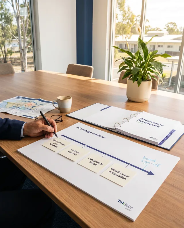 A printed AI strategy roadmap spread on a regional hospital boardroom table at mid-morning with a small Teklabs wordmark in its bottom-right footer, four named inversion-candidate cards in cream paper along an indigo timeline labelled Clinical-care plan reviews, Incident reports, Complaints triage, and Board-paper preparation, a printed governance framework binder open beside with indigo tabbed sections and a small Teklabs wordmark on its cover footer, an advisor's hand mid-annotation drawing a tick beside Clinical-care plan reviews, peace lily nearby, low Queensland rooflines visible through floor-to-ceiling glass, warm morning light from the right.